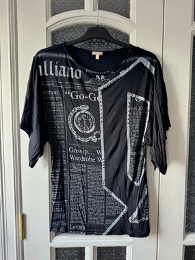 Galliano Black Short-Sleeve Studded & Chained Newsprint Graphic Tee